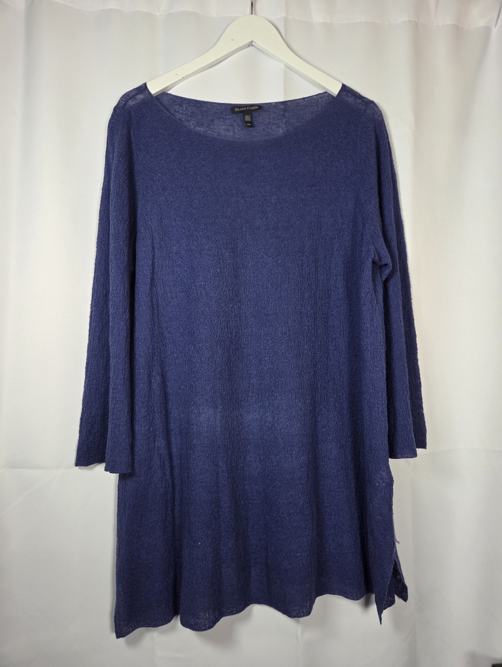 Eileen Fisher Organic Textured Linen Blue Purple Tunic Top Women's L Shirt